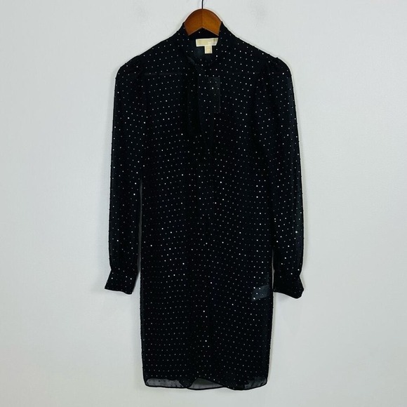 Michael Michael Kors Shirt Dress XXS Black Polka Dot Tie Neck Sheer Long Sleeve - Picture 4 of 14